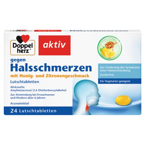 Abbildung der Produktverpackung Doppelherz aktiv Doppelherz gegen Halsschmerzen mit Honig- und Zitronengeschmack Lutschtabletten Frontansicht